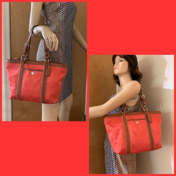SOLD! COACH Coral Signature Canvas Zip Top Tote w/Brown Leather Trim F13560 - Picture 3 of 12